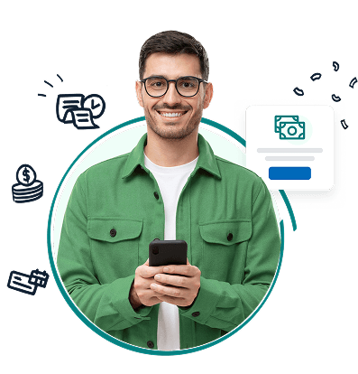 Person holding a phone with money transfer illustrations